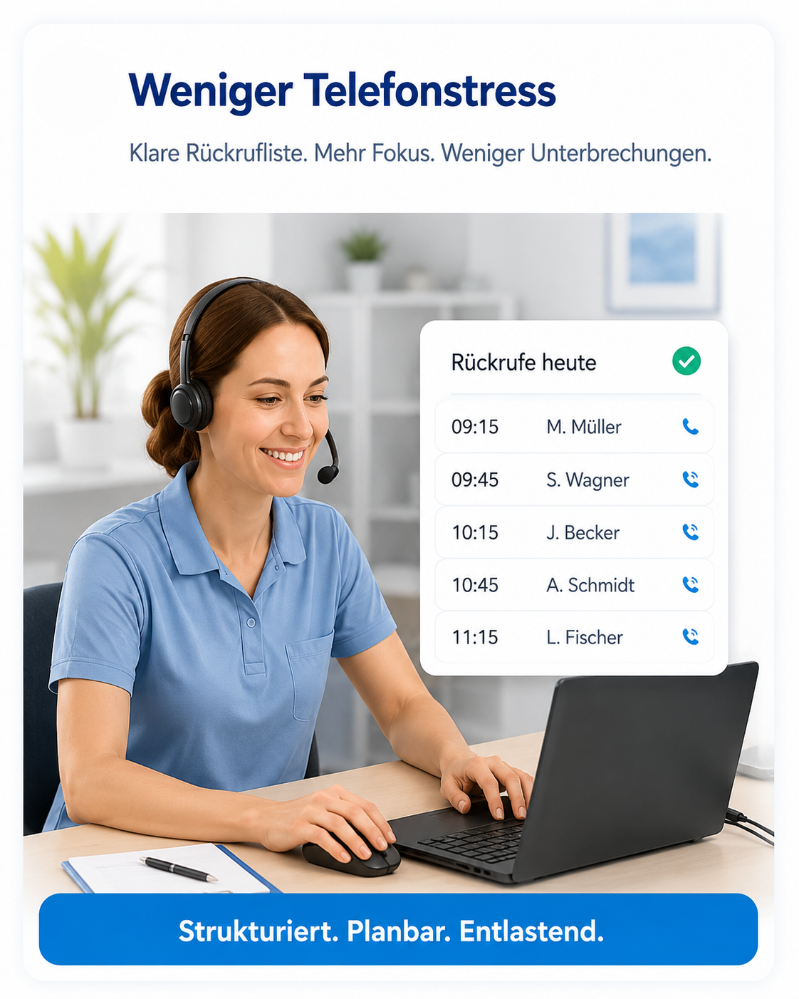 Medizinische Fachangestellte arbeitet mit einer klaren Rückrufliste statt dauerndem Telefonstress.
