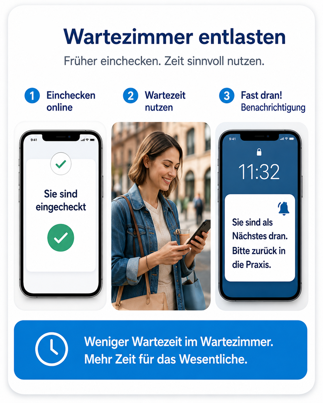 Grafik zeigt digitalen Check-in und Benachrichtigung, wenn Patientinnen und Patienten fast an der Reihe sind.